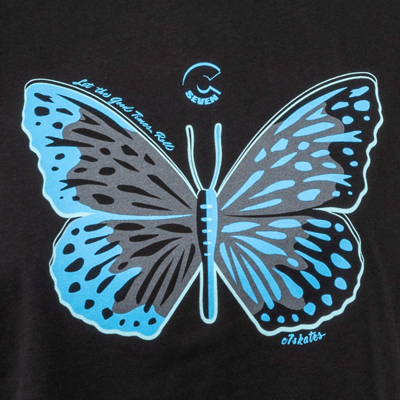 C7skates Magical Butterfly Crop T-Shirt features a blue and gray print in a relaxed, mid-length fit with a tear-away label.