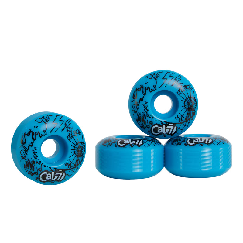 Cal 7 Frenzy 53mm 100A blue skateboard wheels with ice cream linear art design