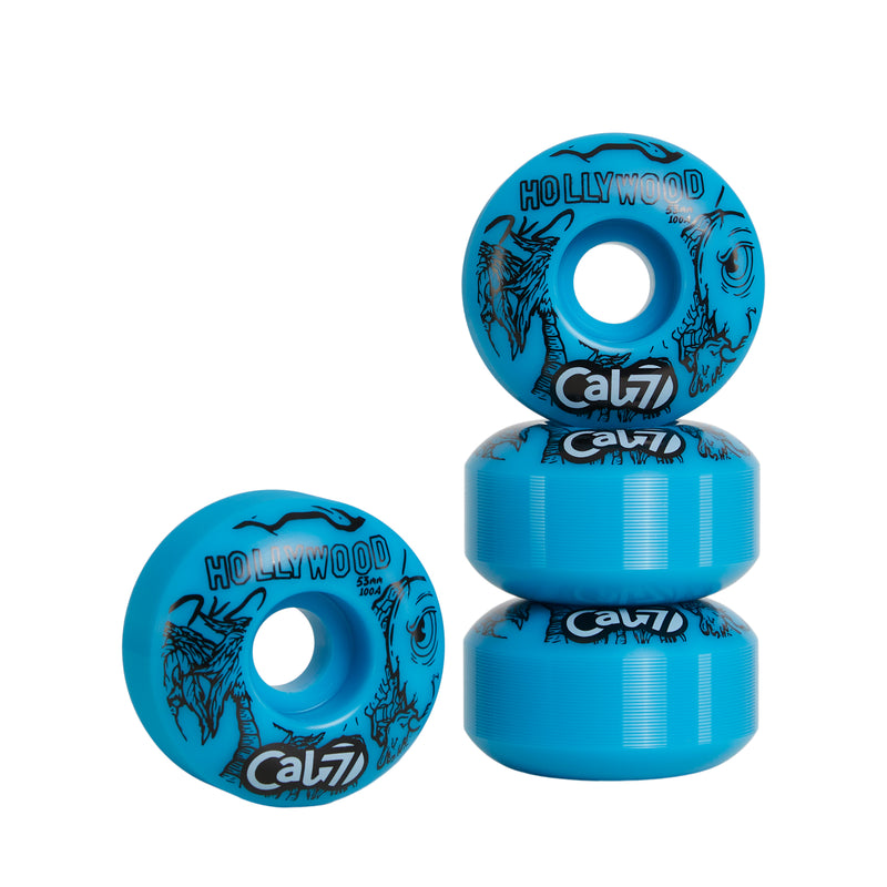 Cal 7 53mm 100A skateboard wheels with taco terror linear art design