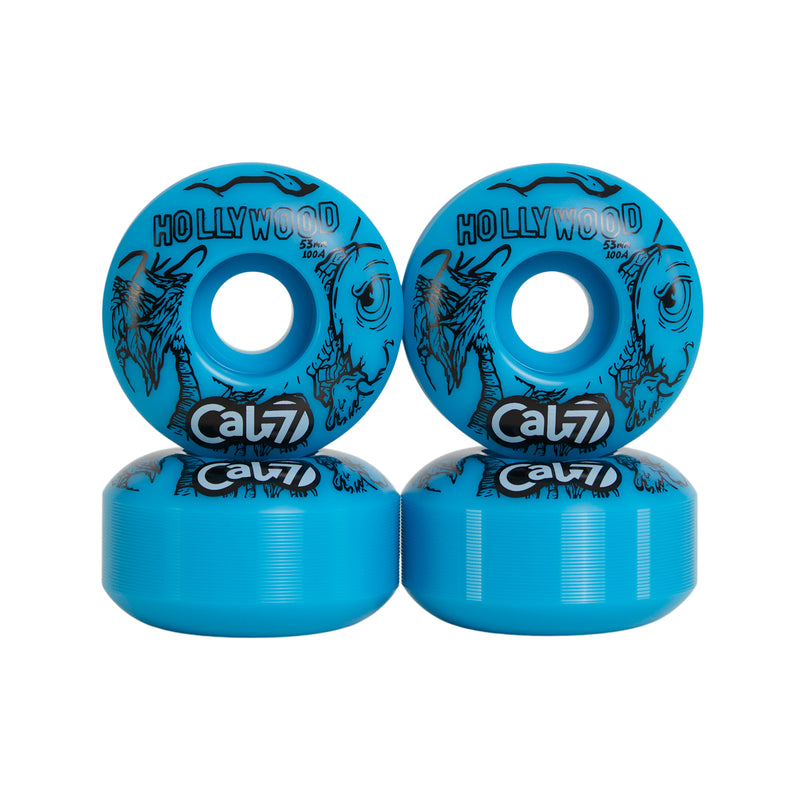 Cal 7 53mm 100A skateboard wheels with taco terror linear art design