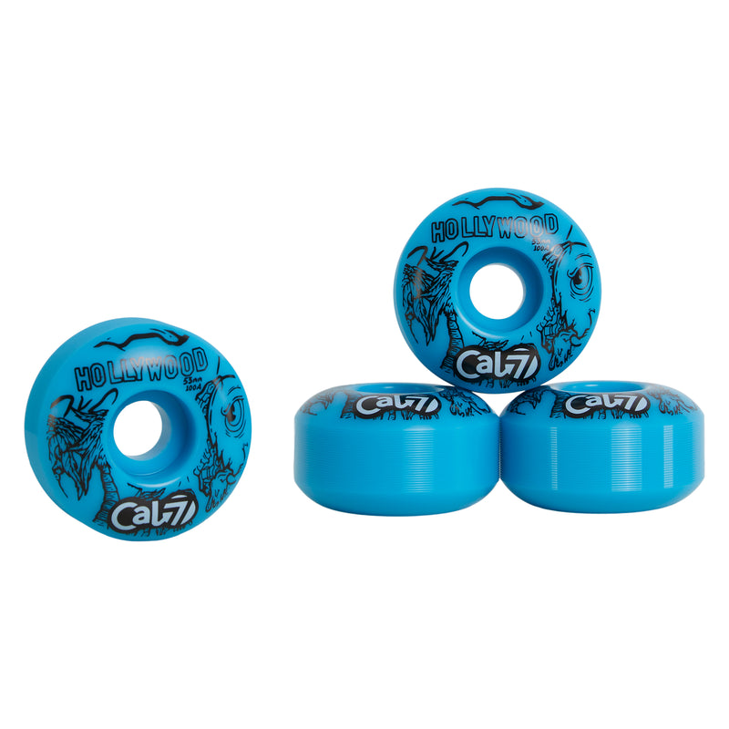 Cal 7 53mm 100A skateboard wheels with taco terror linear art design