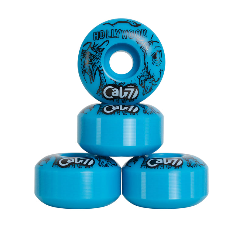 Cal 7 53mm 100A skateboard wheels with taco terror linear art design
