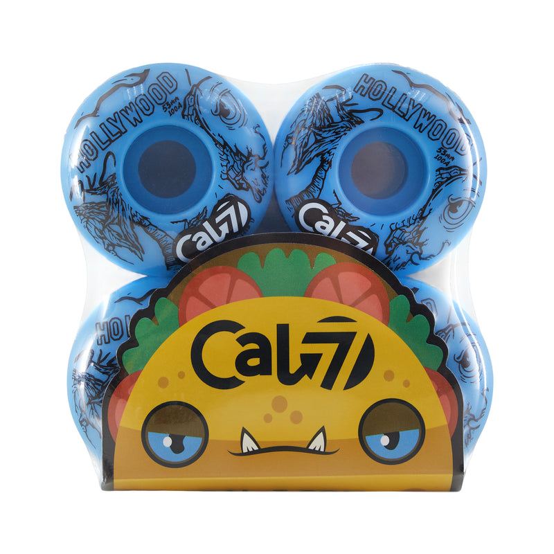 Cal 7 53mm 100A skateboard wheels with taco terror linear art design
