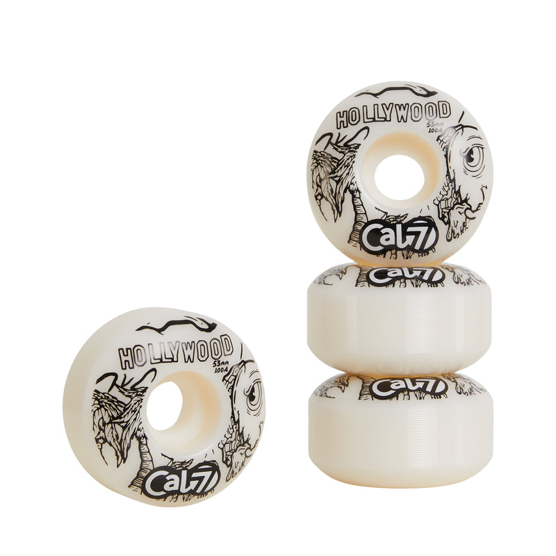 Cal 7 53mm 100A skateboard wheels with taco terror linear art design
