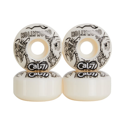 Cal 7 53mm 100A skateboard wheels with taco terror linear art design 