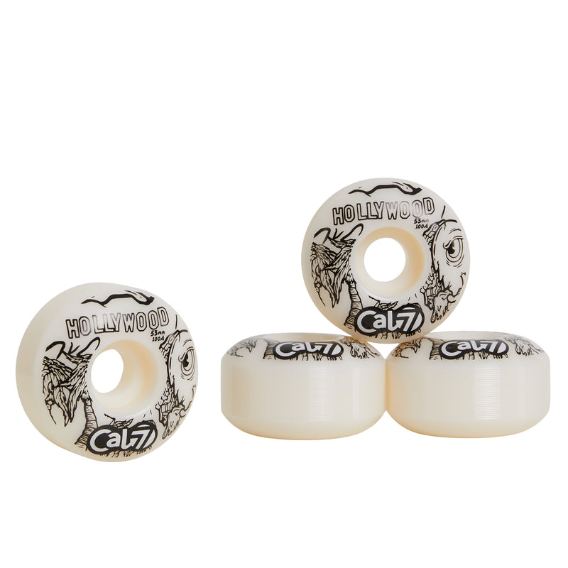 Cal 7 53mm 100A skateboard wheels with taco terror linear art design