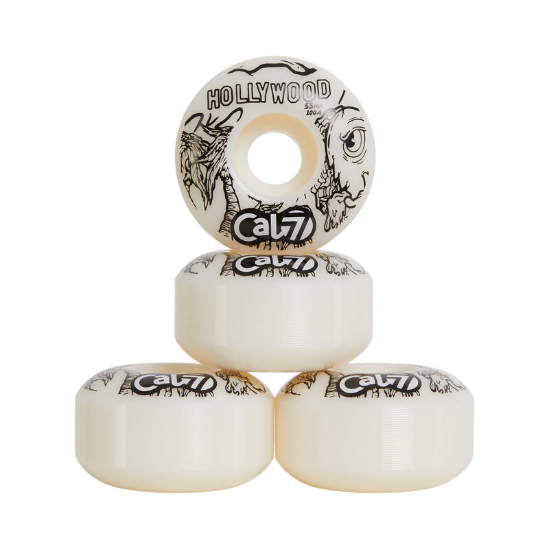 Cal 7 53mm 100A skateboard wheels with taco terror linear art design