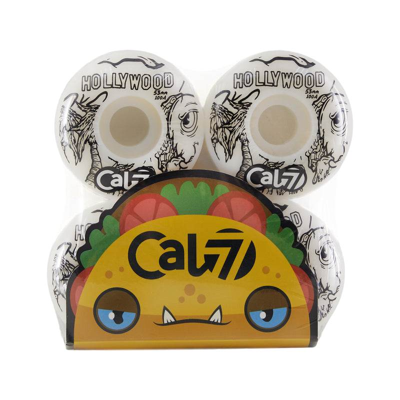 Cal 7 53mm 100A skateboard wheels with taco terror linear art design