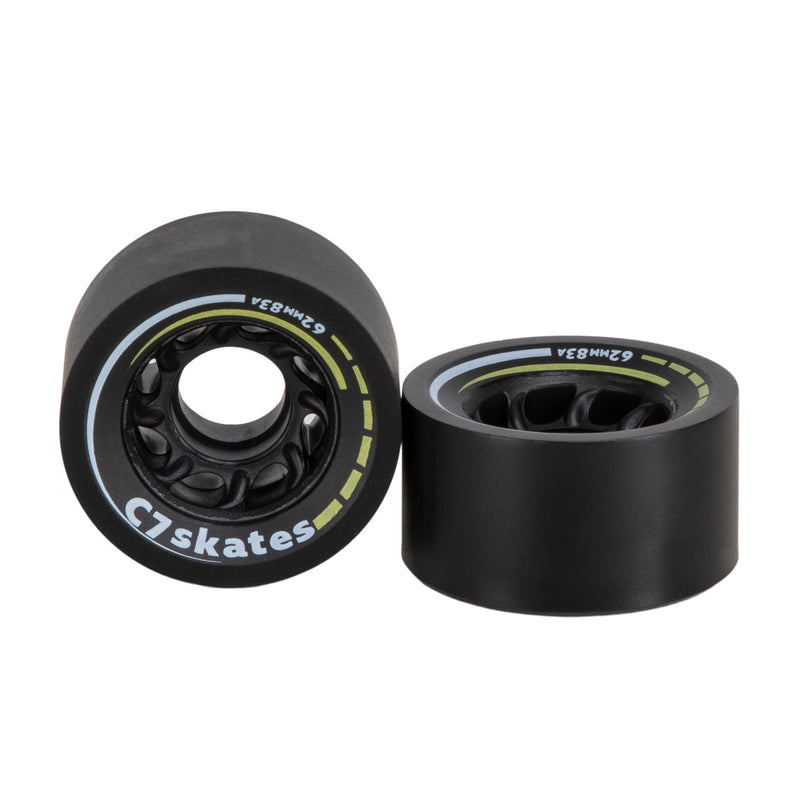 C7skates Queen Bee black with yellow print roller skate 62mm wheels made from durable 83A polyurethane