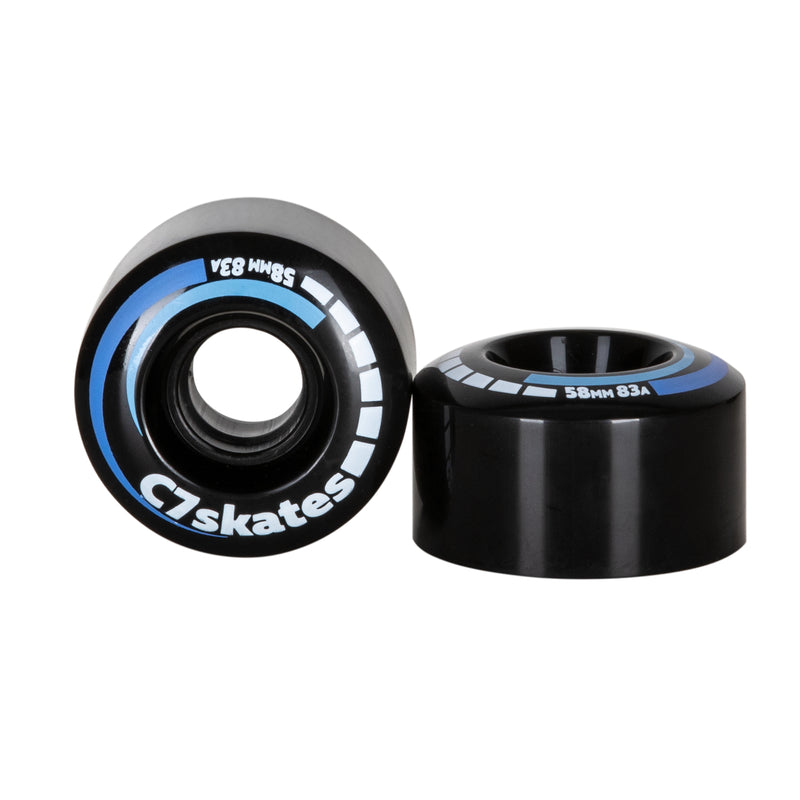 Solid black with blue and white print 58x33mm roller skate wheels four-pack made with 83A polyurethane.