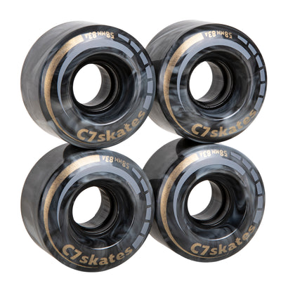 Farrah black and white marble with gold print 58x33mm roller skate wheels four-pack made with 83A polyurethane.