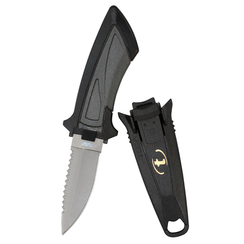 TUSA Titanium Dual Edge Point Tip Mini Dive Knife, Locking Sheath