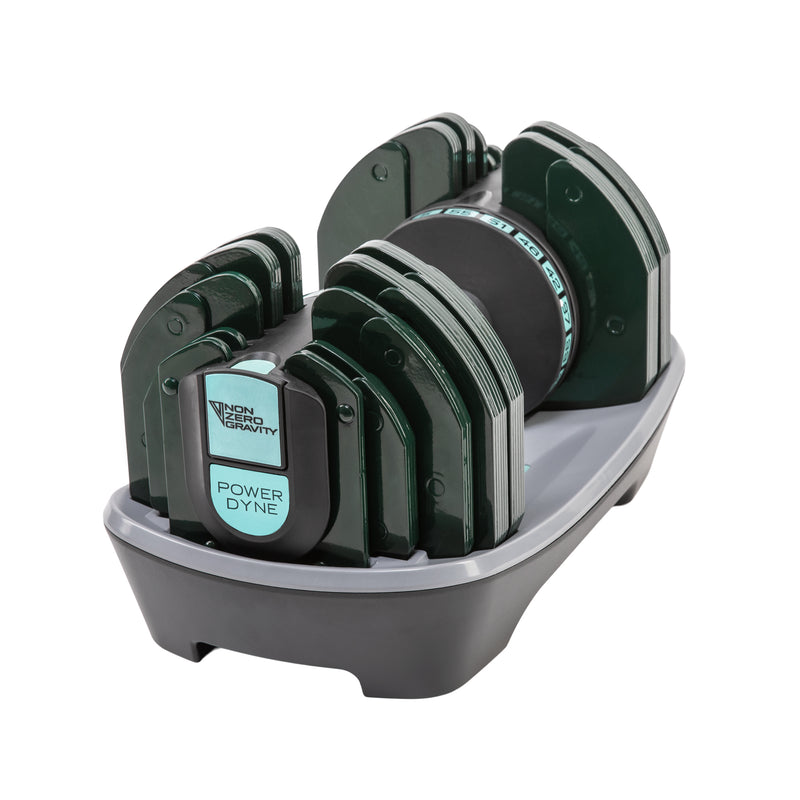 NonZero Gravity PowerDyne 55lbs Adjustable Dumbbell in a vibrant aspen green color scheme.