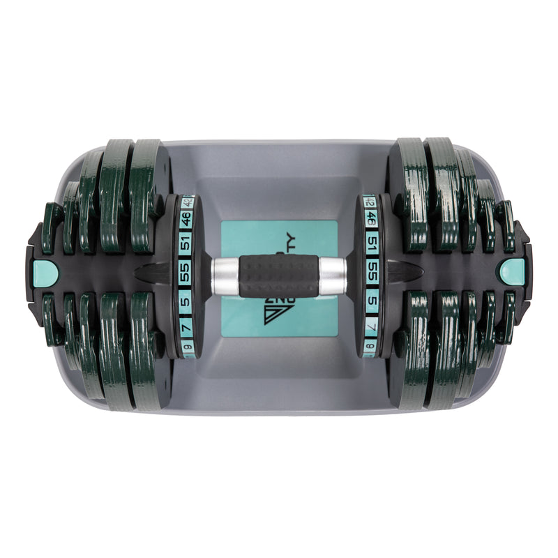 NonZero Gravity PowerDyne 55lbs Adjustable Dumbbell in a vibrant aspen green color scheme.