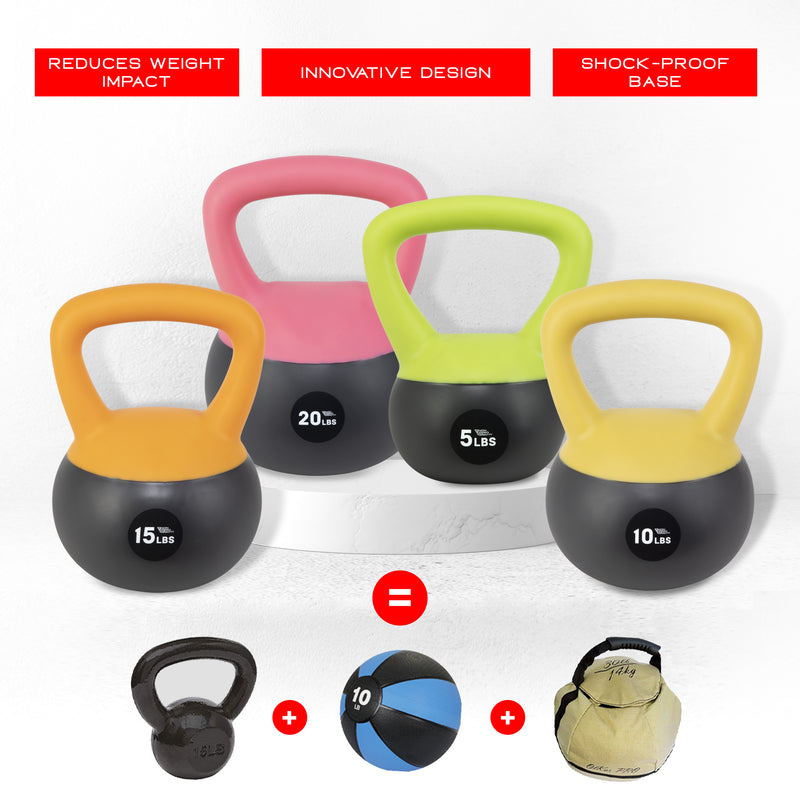 NonZero Gravity 4-piece Iron Sand Kettlebell 50lb Set Shock-Proof Weights with soft base, sturdy two-hand grip & iron sand filling for workouts