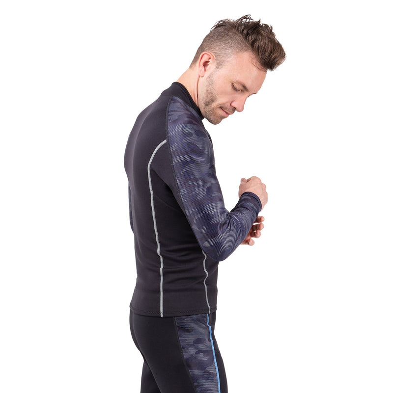 black and navy blue neoprene wetsuit shirt
