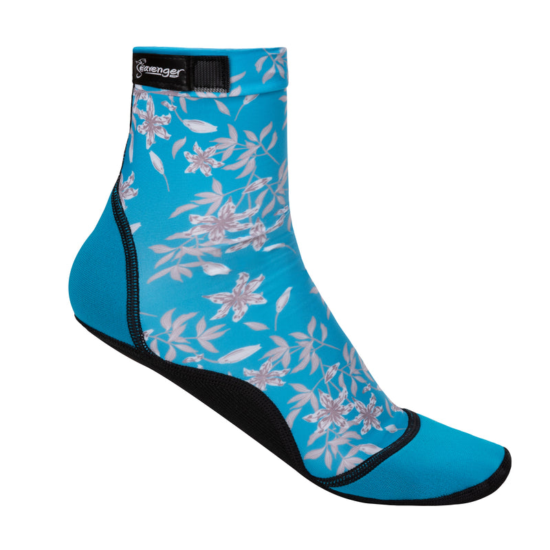 tall beach socks with a light blue floral pattern