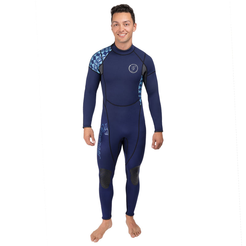 A men’s geometric blue full length neoprene wetsuit with long sleeves and long back zipper with rubber knee panels and shoulder panels