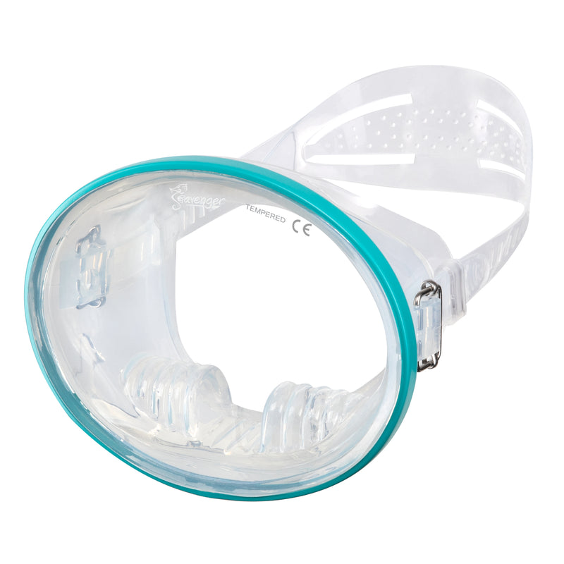 clear oval scuba diving mask with teal frame