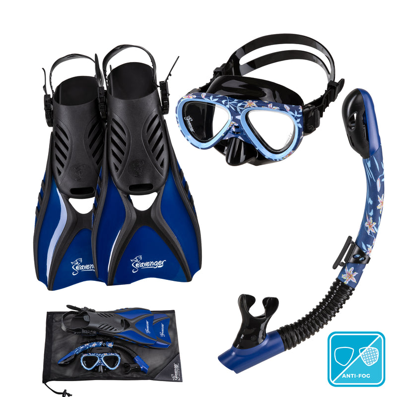 Seavenger Hanalei Anti-Fog 4-Piece Snorkeling Set for Juniors in Dark Floral