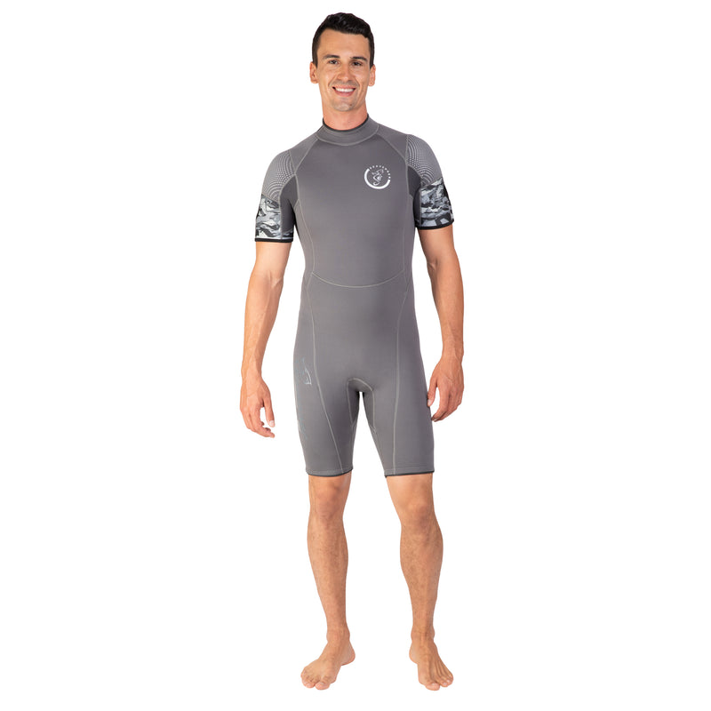A Men’s neoprene shorty wetsuit for snorkeling, wakeboarding or warm-water scuba diving.
