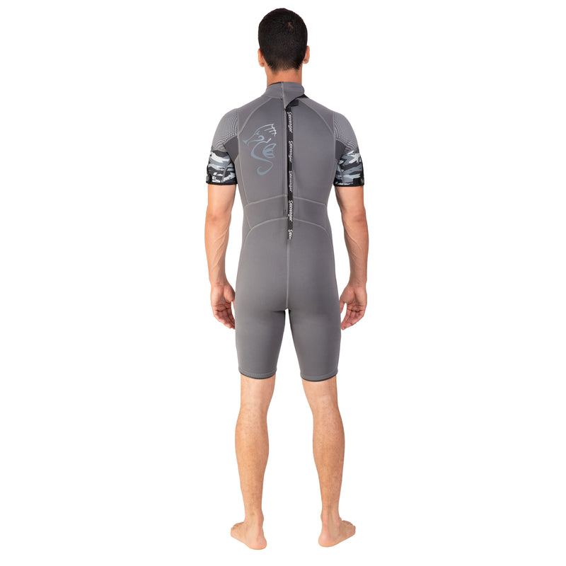 A Men’s neoprene shorty wetsuit for snorkeling, wakeboarding or warm-water scuba diving.