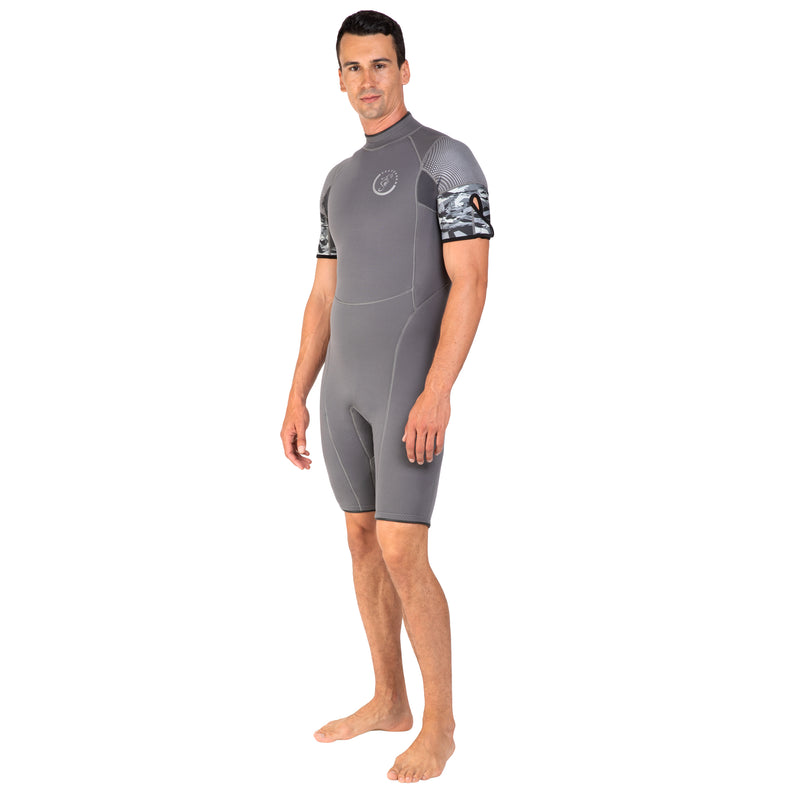 A Men’s neoprene shorty wetsuit for snorkeling, wakeboarding or warm-water scuba diving.