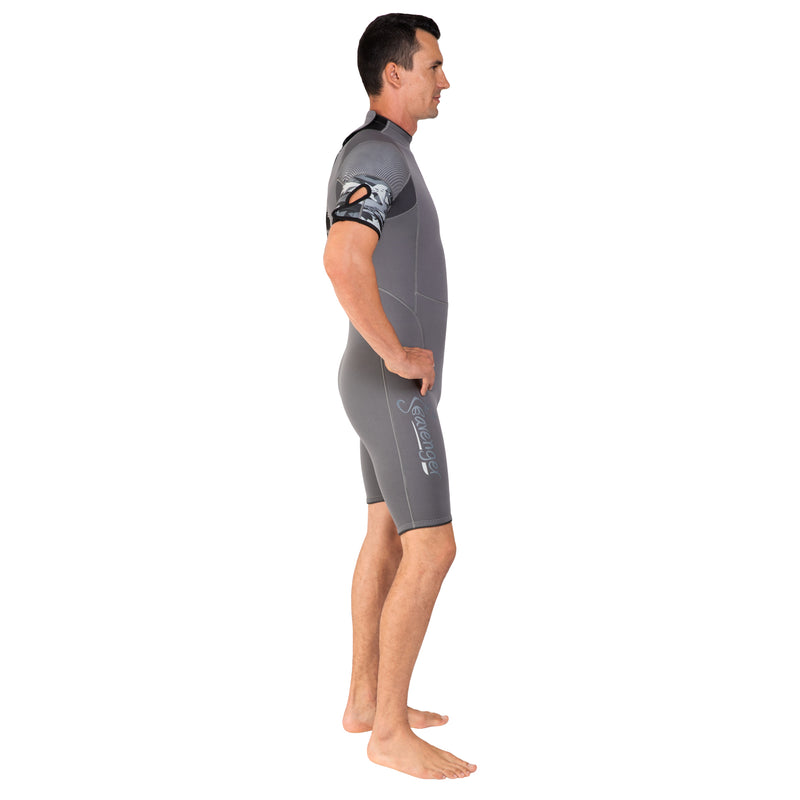 A Men’s neoprene shorty wetsuit for snorkeling, wakeboarding or warm-water scuba diving.