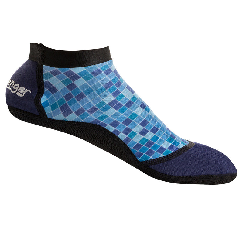 short beach socks with a blue mosaic pattern