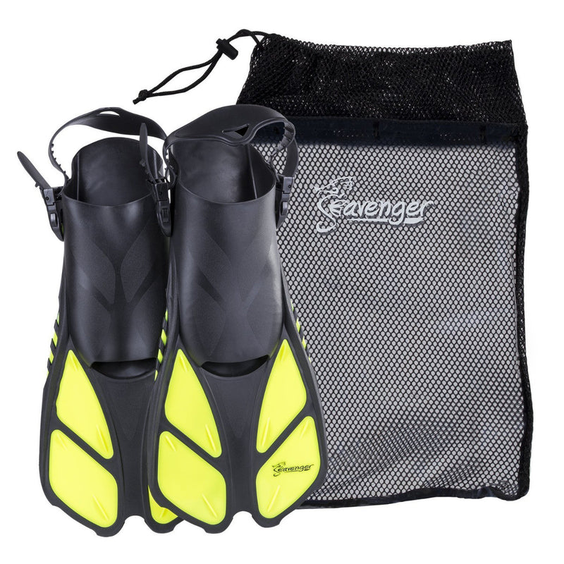 Short yellow swim fins with an adjustable heel strap and quick-dry mesh gear bag