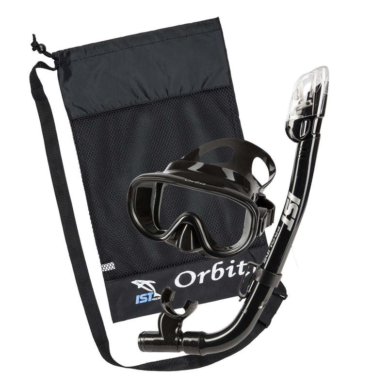 IST Orbit Premium Snorkel Set: Mask, Dry Top Snorkel and Bag (Black Silicone)