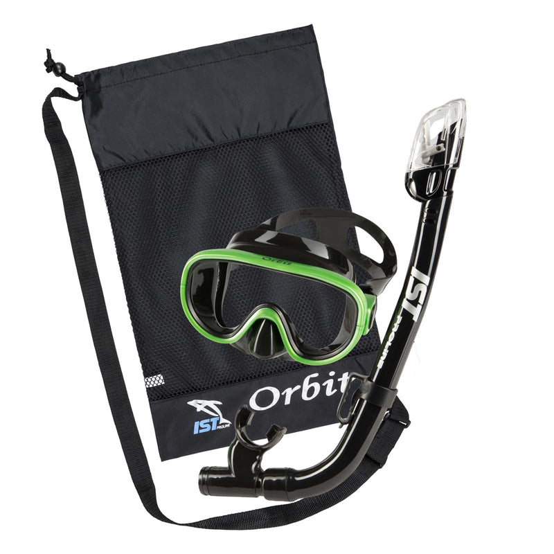IST Orbit Premium Snorkel Set: Mask, Dry Top Snorkel and Bag (Black Silicone/Green)