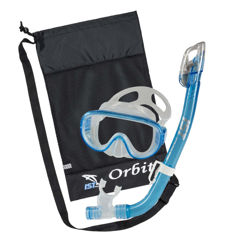 IST Orbit Premium Snorkel Set: Mask, Dry Top Snorkel and Bag (White/Blue)