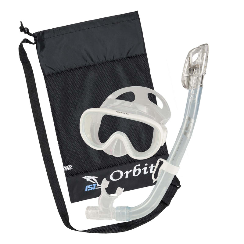 IST Orbit Premium Snorkel Set: Mask, Dry Top Snorkel and Bag (White)