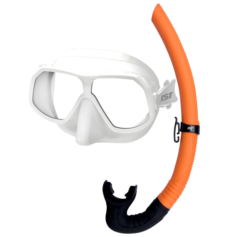 IST MP210 Sonic White Diving Mask and Non-Purge Foldable Orange Snorkel