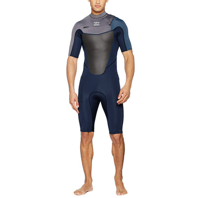 A gray Billabong shorty wetsuit with 2mm neoprene and a chest zip entry.A gray Billabong shorty wetsuit with 2mm neoprene and a chest zip entry.