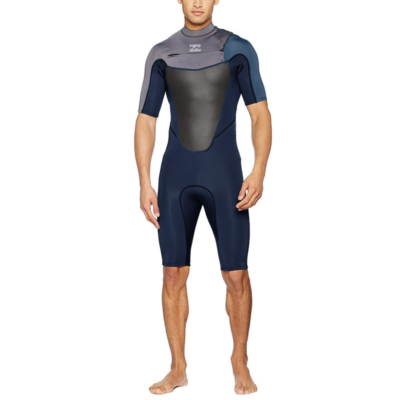 A gray Billabong shorty wetsuit with 2mm neoprene and a chest zip entry.A gray Billabong shorty wetsuit with 2mm neoprene and a chest zip entry.
