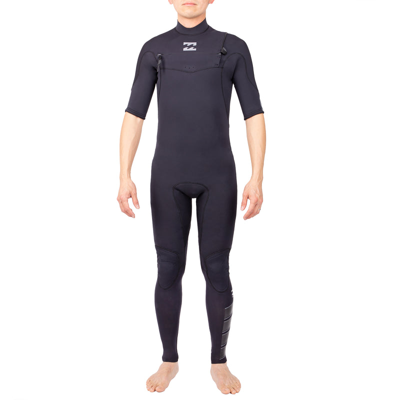 A Billabong short-sleeve wetsuit with a black body and a chest zip entry