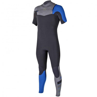 A Billabong short-sleeve wetsuit with a black body, bright blue details, and a chest zip entry
