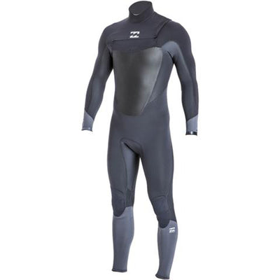 A graphite black Billabong wetsuit with 3/2mm neoprene in a fullsuit fit with a chest zipper entry.