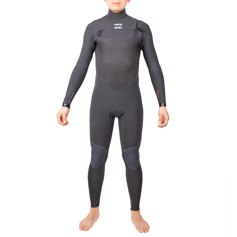 A graphite gray wetsuit with red lining and 4/3mm neoprene.