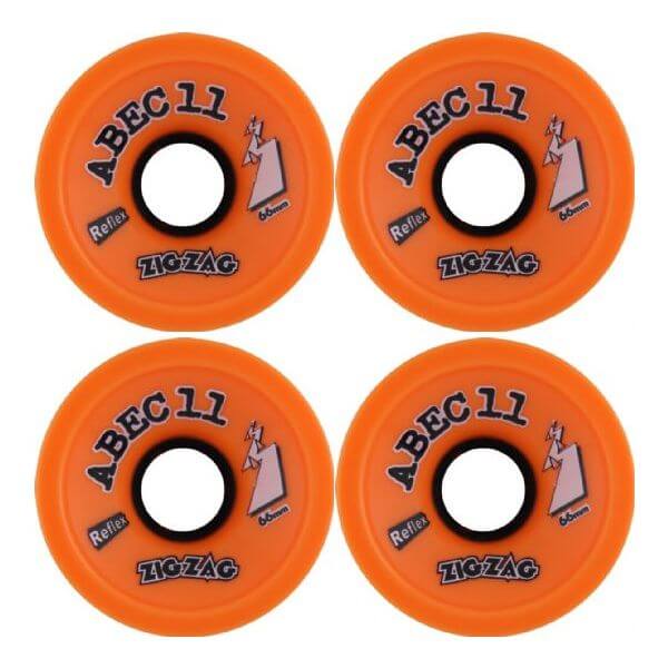 Orange ABEC 11 longboarding wheels with a 66mm diameter and 86A durometer
