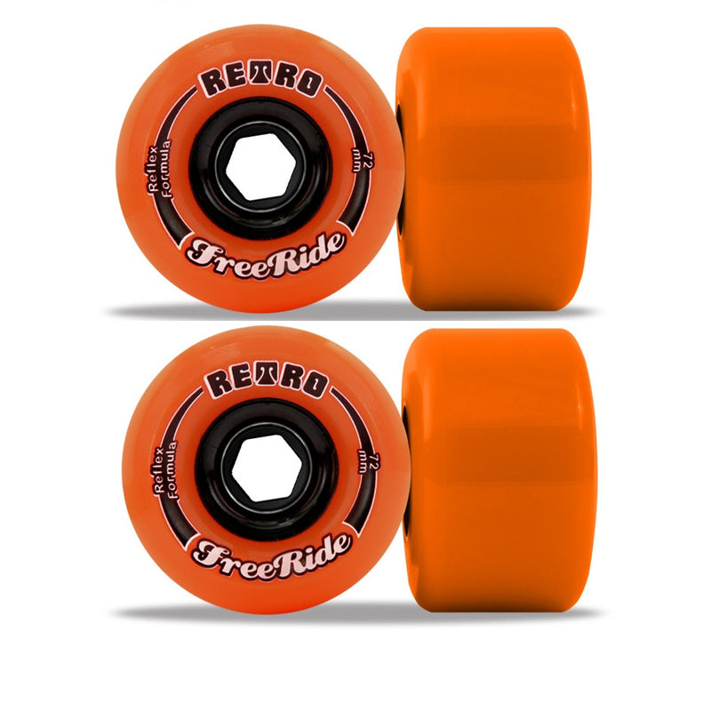 Orange ABEC 11 freeride wheels with a 72mm diameter
