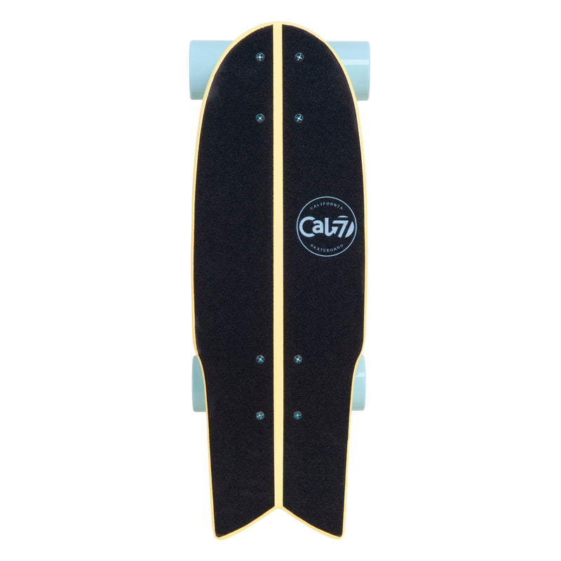 Cal 7 Bumblebee 22” Fishtail Mini Cruiser in soft yellow and light blue, 65mm 80A blue wheels, white 4.5-inch trucks