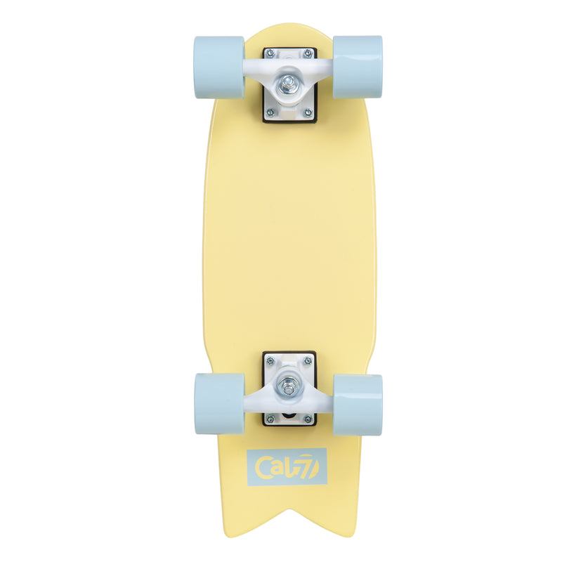 Cal 7 Bumblebee 22” Fishtail Mini Cruiser in soft yellow and light blue, 65mm 80A blue wheels, white 4.5-inch trucks