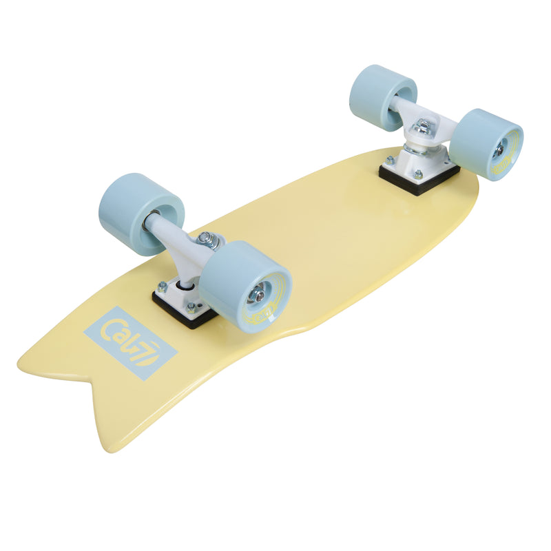 Cal 7 Bumblebee 22” Fishtail Mini Cruiser in soft yellow and light blue, 65mm 80A blue wheels, white 4.5-inch trucks