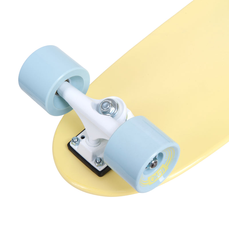 Cal 7 Bumblebee 22” Fishtail Mini Cruiser in soft yellow and light blue, 65mm 80A blue wheels, white 4.5-inch trucks