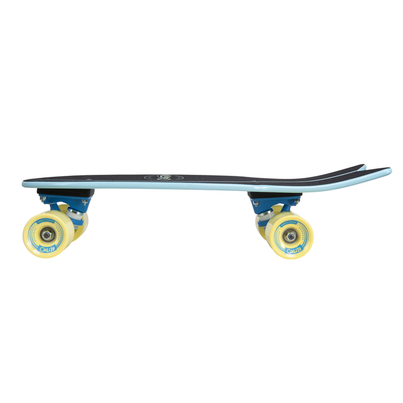 Cal 7 Glory 22” Fishtail Mini Cruiser in soft yellow and light blue, 65mm 80A yellow wheels, blue 4.5-inch trucks