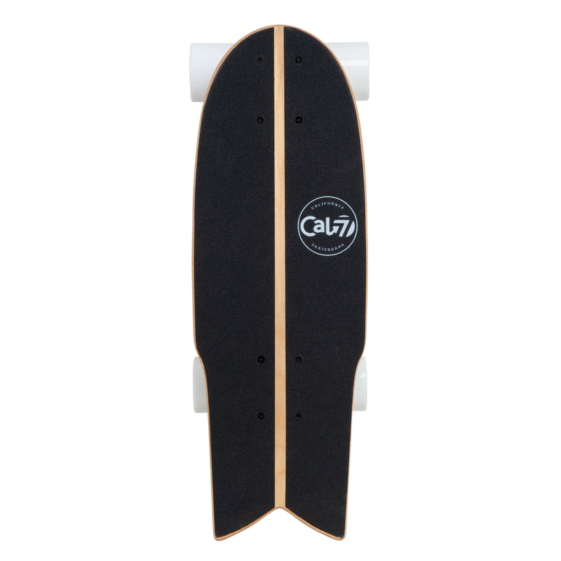 Cal 7 Meadow 22” Fishtail Mini Cruiser features a floral print graphic, 65mm 80A white wheels, black 4.5-inch wheels