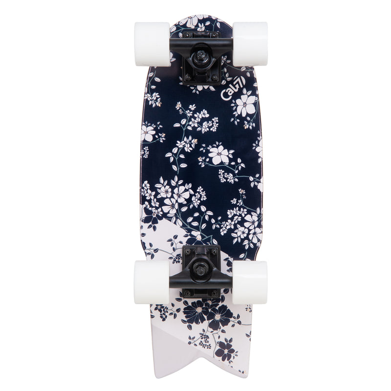 Cal 7 Meadow 22” Fishtail Mini Cruiser features a floral print graphic, 65mm 80A white wheels, black 4.5-inch wheels